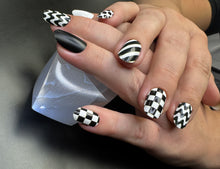 Load image into Gallery viewer, Minx nail wrap nail art Black and White checkers matte black geometric patterns
